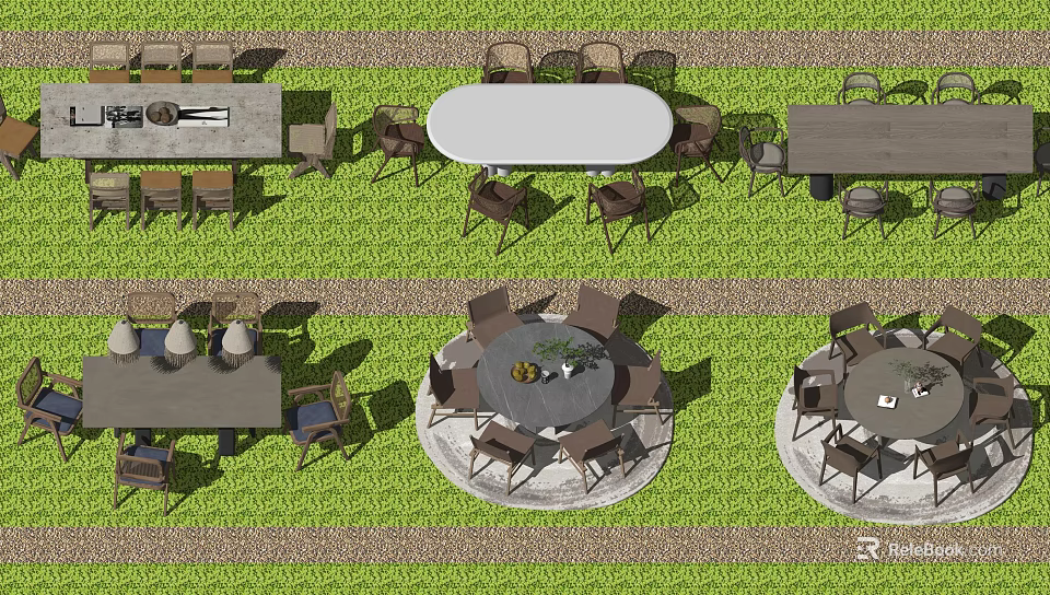 Outdoor Dining Table Sets With Various Shapes And Chairs On Grass Lawn 3d model 