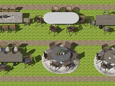Outdoor Dining Table Sets With Various Shapes And Chairs On Grass Lawn 3d model
