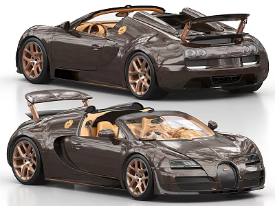 Luxury Brown Bugatti Convertible Sports Car With Golden Wheels And Sleek Design 3d model