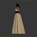 Elegant Woman Standing In Beige Long Dress With Arms Outstretched On Reflective Grey Floor