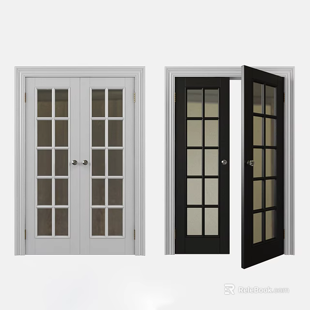Modern Double Doors With Glass Panels White Black Closed Open Designs 3d model 