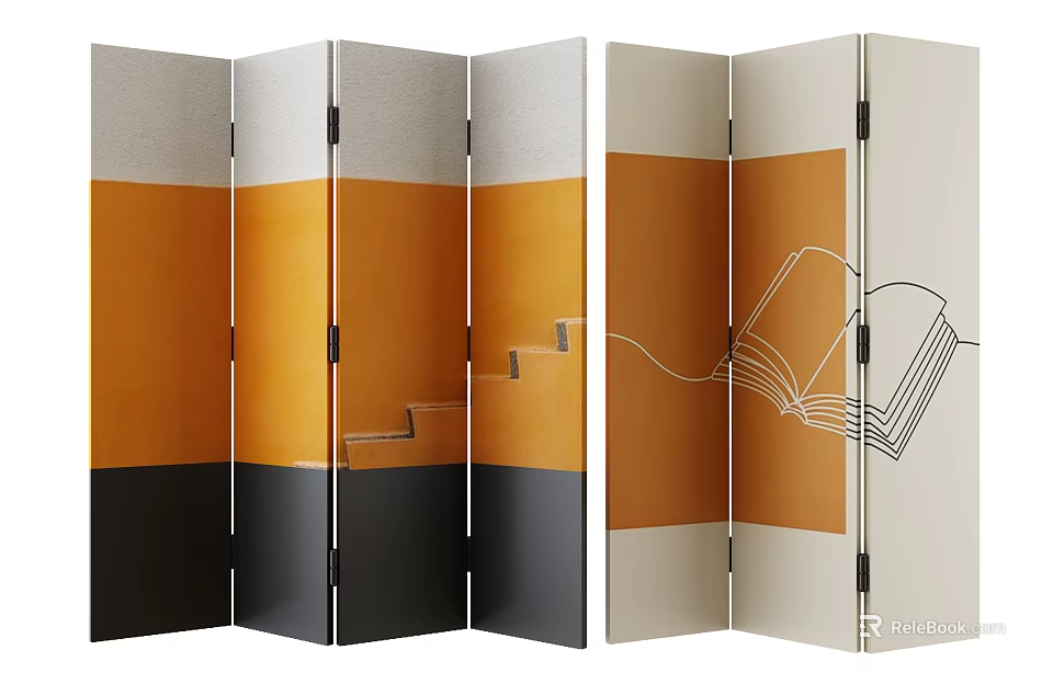 Artistic Room Divider Screen With Staircase Book Patterns And Color Blocks 3d model 