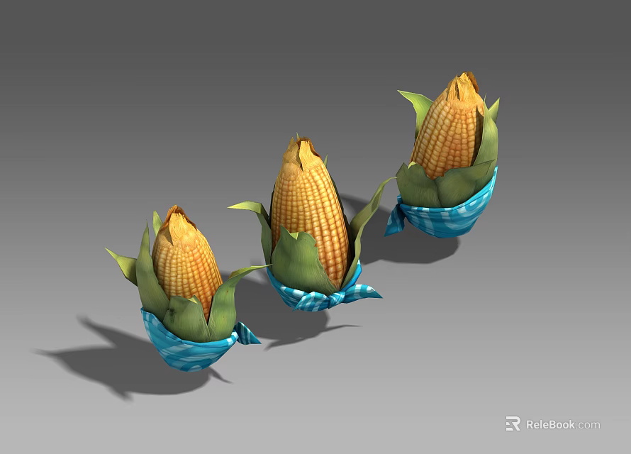 Three Fresh Corn Cobs With Green Leaves In Blue Bowls On Gray Background 3d model 