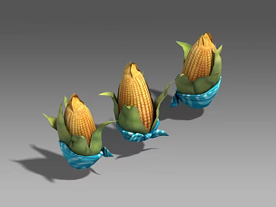 Three Fresh Corn Cobs With Green Leaves In Blue Bowls On Gray Background 3d model