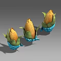 Three Fresh Corn Cobs With Green Leaves In Blue Bowls On Gray Background