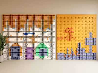 Colorful Building Blocks Creative Pegboard Wall Art With Decorative Patterns And Plant Accent 3d model
