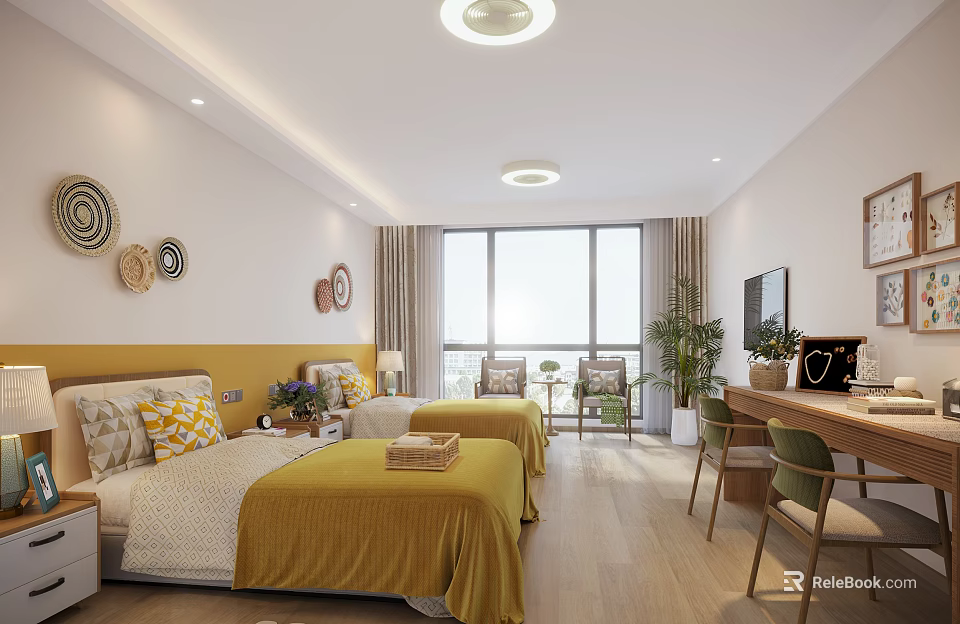 Luxurious Hotel Guest Room With Twin Beds Yellow Bedding And Large Windows 3d model 