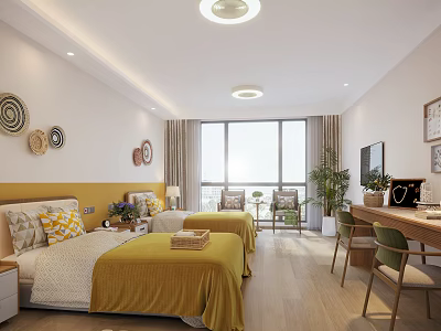 Luxurious Hotel Guest Room With Twin Beds Yellow Bedding And Large Windows 3d model