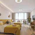 Luxurious Hotel Guest Room With Twin Beds Yellow Bedding And Large Windows
