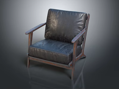 Dark Leather Single Sofa With Wooden Arms And Vintage Wooden Legs Design 3d model