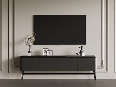 Modern Living Room TV Stand With Black Screen And Decorative Items 3d model