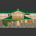 Cartoon Style House Featuring Green Roof Yellow Wooden Structure Stone Walls Balcony And Green Tree