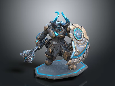 Game Fantasy Warrior Character With Blue Glowing Horns Metal Armor Axe And Shield 3d model