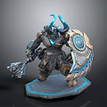 Game Fantasy Warrior Character With Blue Glowing Horns Metal Armor Axe And Shield