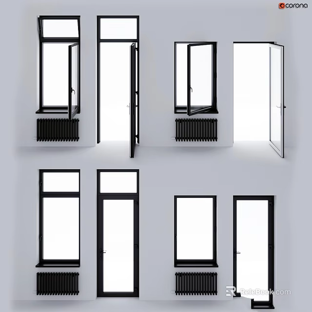 Black Framed Doors And Windows In Various Open Closed Styles With Radiators For Interior Use 3d model