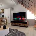 Modern Two Story House With White Walls Stone Details Wooden Door And Red Balcony Railing