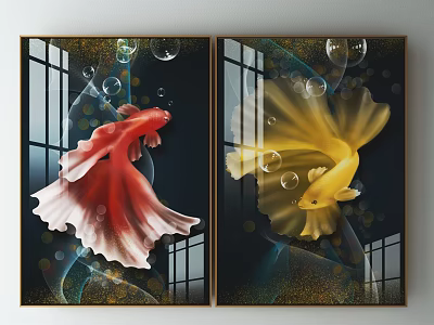 Modern Decorative Paintings With Red And Yellow Fish Bubbles And Window Background 3d model