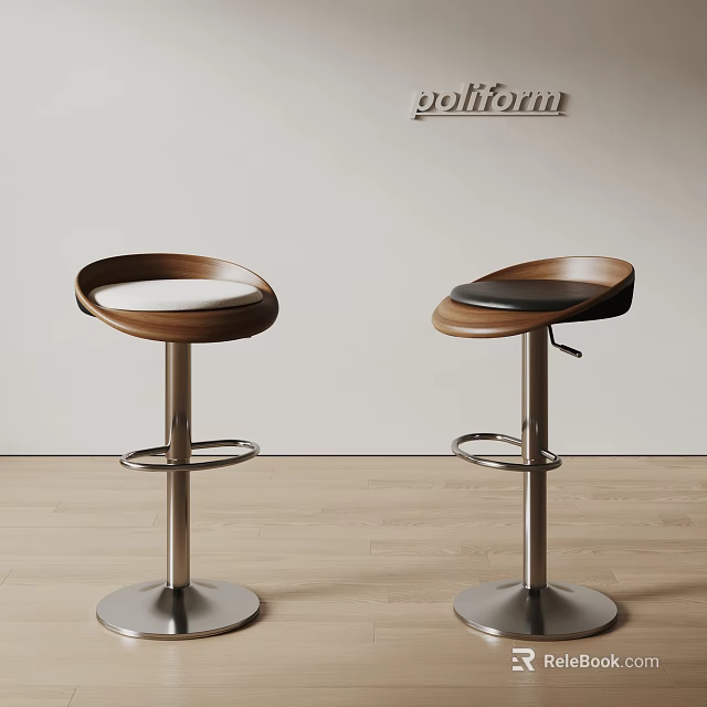Poliform Bar Stools with Wooden Seats Black Leather Cushions and Metal Bases Modern Sleek Design 3d model 
