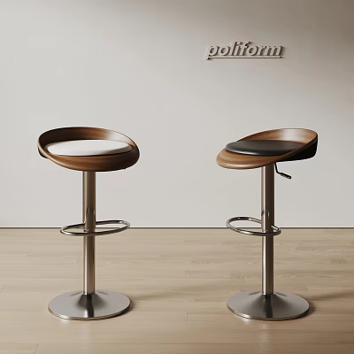 Poliform Bar Stools with Wooden Seats Black Leather Cushions and Metal Bases Modern Sleek Design 3d model