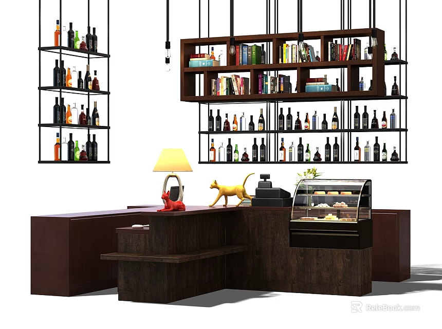 Stylish Wooden Reception Desk With Hanging Bookshelves Wine Bottles Books And Decorations 3d model 