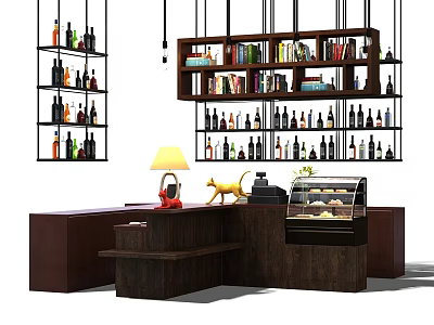 Stylish Wooden Reception Desk With Hanging Bookshelves Wine Bottles Books And Decorations 3d model