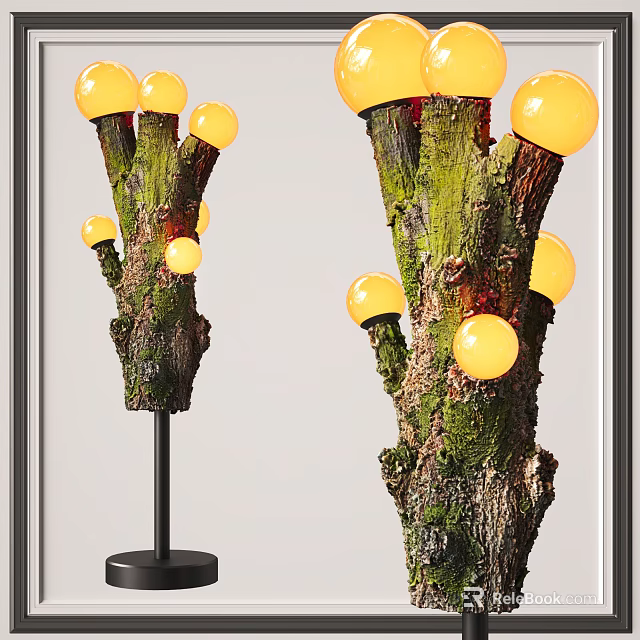 Unique Shaped Floor Lamp Featuring Tree Branch Inspired Bark Texture and Warm Yellow Spherical Lights 3d model