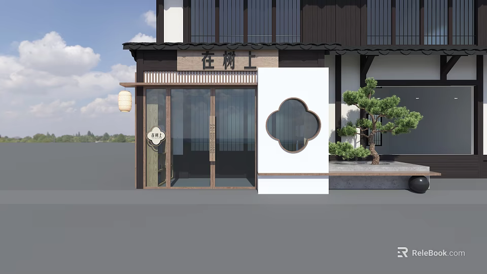 Chinese Style Mall Shop With Traditional Storefront Circular Window Lantern And Pine Tree 3d model 