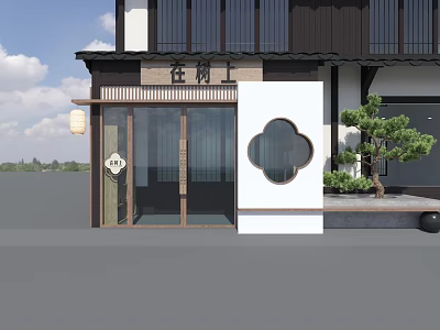 Chinese Style Mall Shop With Traditional Storefront Circular Window Lantern And Pine Tree 3d model