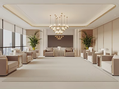 Modern Minimalist Lounge Interior With Beige Sofas Large Windows And Chandelier 3d model