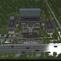 Aerial View Planning of Modern Architectural Complex With Central Building Side Wings Parking And Greenery