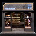 Chic Bar Interior with Brick Walls Wine Racks Neon Signs Sculpture Bar Counter High Stools