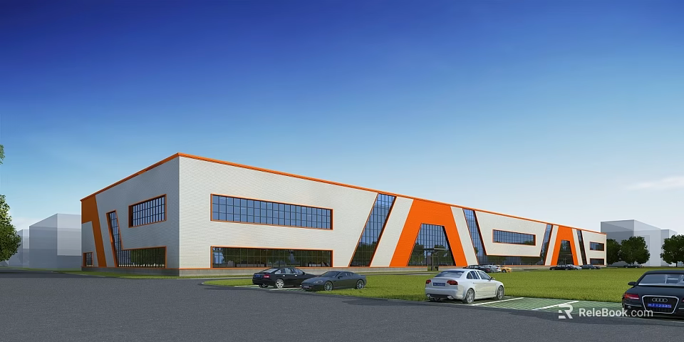 Modern Industrial Factory With White Orange Exterior Large Glass Windows Front Parking Area With Cars 3d model 