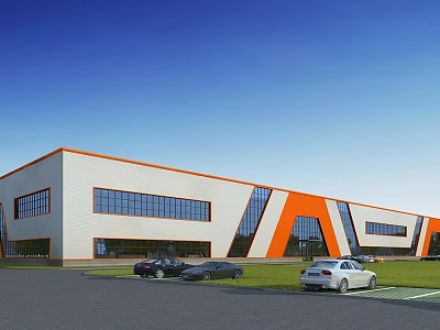 Modern Industrial Factory With White Orange Exterior Large Glass Windows Front Parking Area With Cars 3d model