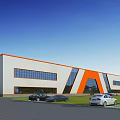 Modern Industrial Factory With White Orange Exterior Large Glass Windows Front Parking Area With Cars