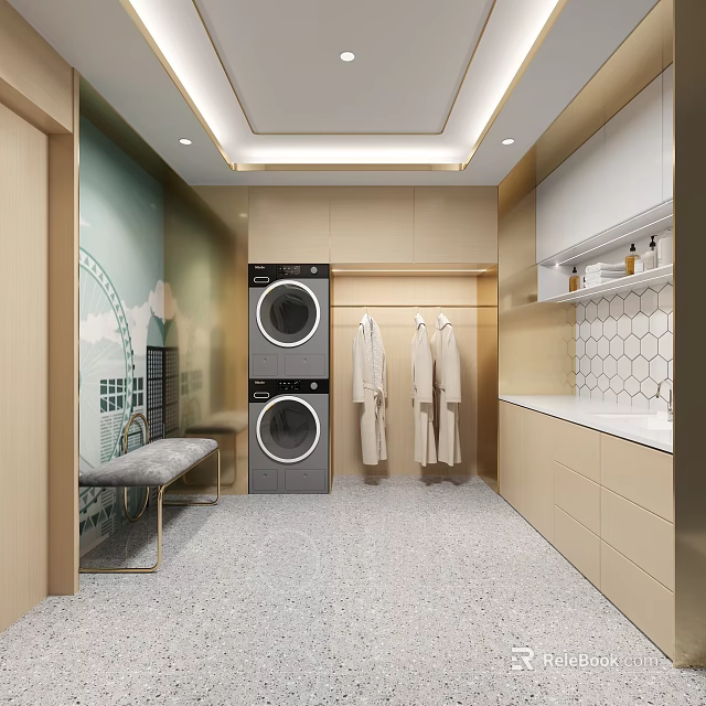 Modern Laundry Room Design With Stacked Washer Dryer Hanging Robes And Storage Cabinets 3d model 