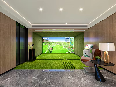 Modern Indoor Golf Fitness Training Space With Simulator Screen And Green Turf 3d model