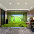 Modern Indoor Golf Fitness Training Space With Simulator Screen And Green Turf