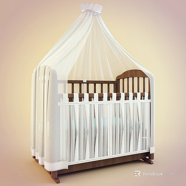 Wooden Baby Crib With White Railings And White Mesh Canopy For Nursery Room 3d model 