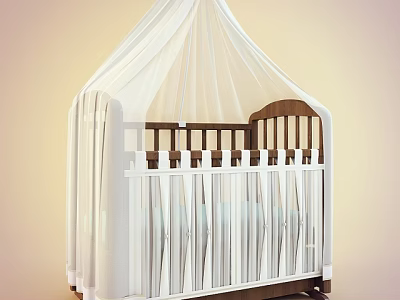 Wooden Baby Crib With White Railings And White Mesh Canopy For Nursery Room 3d model