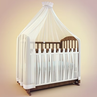 Wooden Baby Crib With White Railings And White Mesh Canopy For Nursery Room 3d model