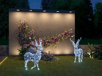Outdoor Night Decorative Scene With Lighted Deer Ornaments And Flower Wall On Lawn 3d model