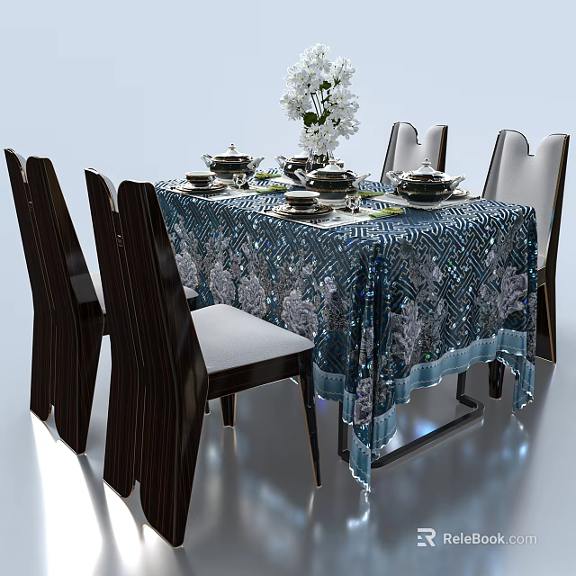 Elegant Dining Table Set With Blue Patterned Tablecloth Black Chairs And White Flower Vase 3d model 