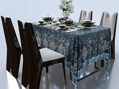 Elegant Dining Table Set With Blue Patterned Tablecloth Black Chairs And White Flower Vase 3d model
