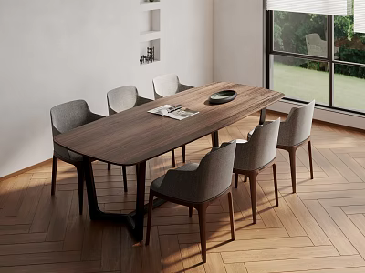 Modern Wooden Dining Table Set With Six Grey Chairs And Natural Light Interior 3d model