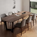 Modern Wooden Dining Table Set With Six Grey Chairs And Natural Light Interior