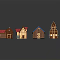 Cartoon Scene Featuring Multiple Colorful Wooden Houses Red Blue Roofs And Windows