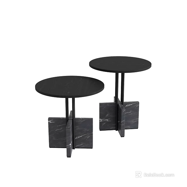 Stylish Black Round Coffee Tables With Geometric Marble Base And Smooth Surface 3d model