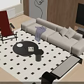 Modern Living Room Interior With Beige Sofa Round Coffee Table Checkered Rug And Accent Chair