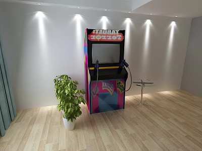 Playground Interior with Arcade Machine Green Plant Small Table White Walls Wooden Floor Lighting 3d model