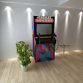 Playground Interior with Arcade Machine Green Plant Small Table White Walls Wooden Floor Lighting